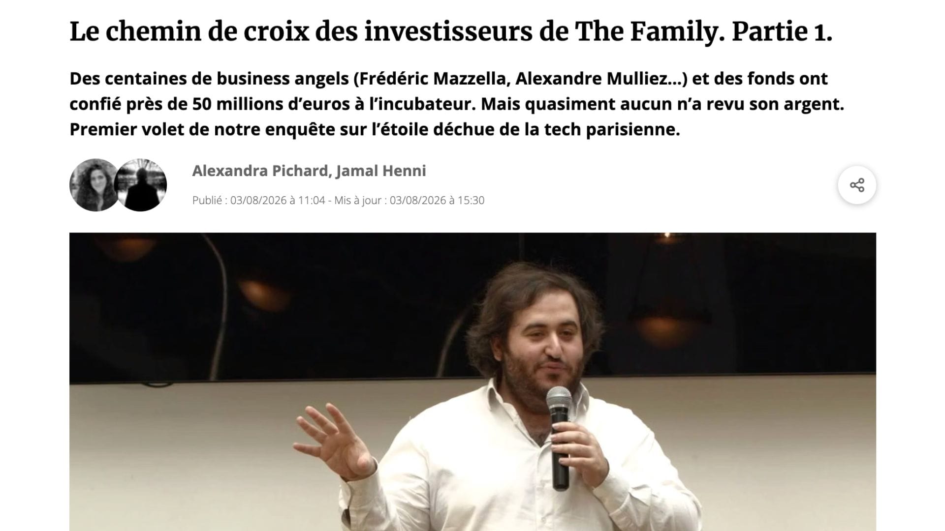 Capture d'écran d'un article du média L'informé : "le chemin de crois des investisseurs de The Family"
