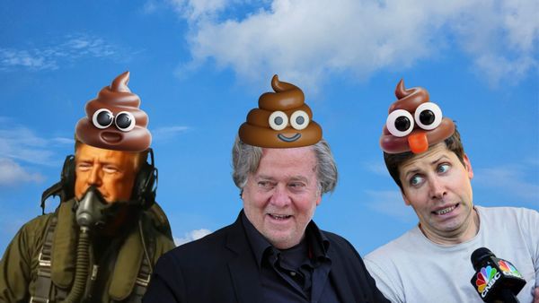 Les tronches de Trump, Bannon, Altman avec un couvre chef en forme d'emoji poop