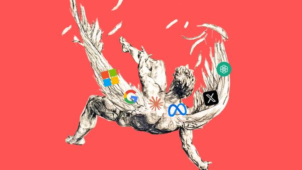 Dessin imageant la chute d'icare, les logos de plusieurs entreprises de la tech y sont superposés
