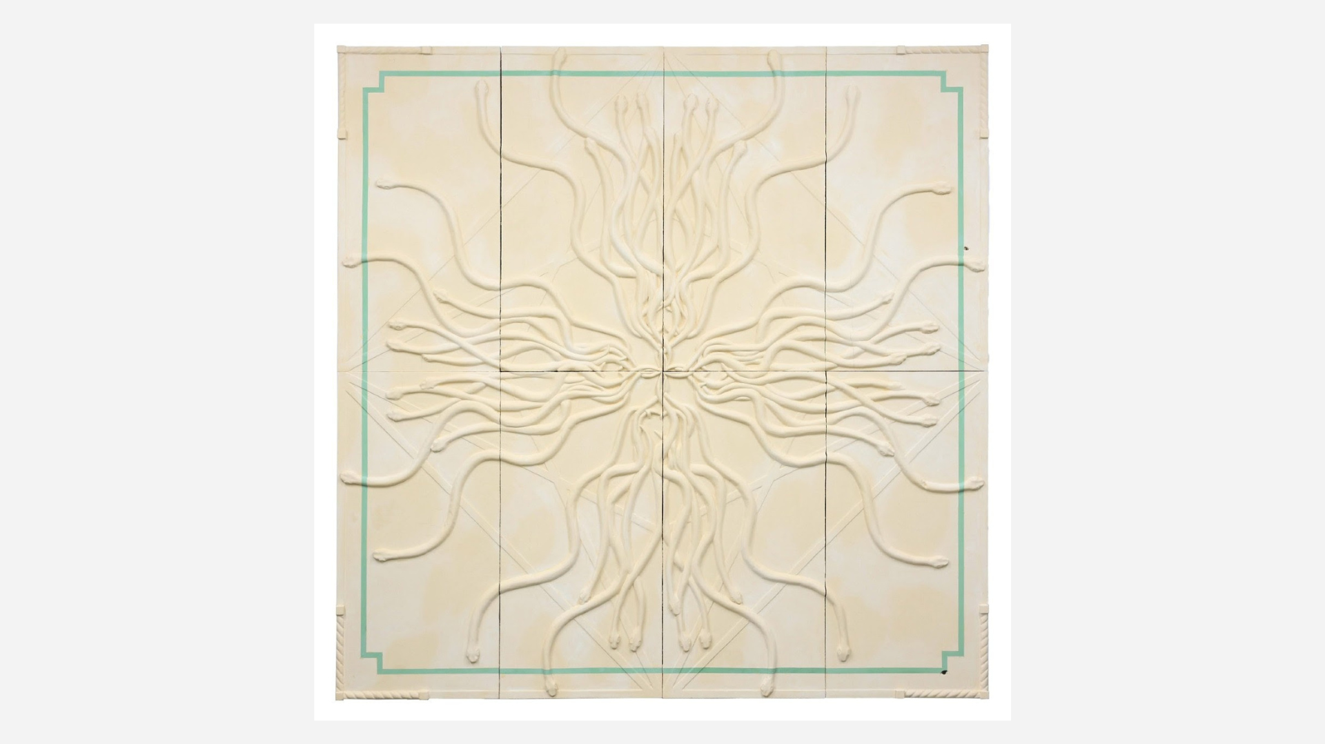 Ferdinand Evaldsson,&nbsp;The Temple, 2025,&nbsp;painted wood relief, gelatin, pigment & saliva on alder,&nbsp;200 x 200 cm