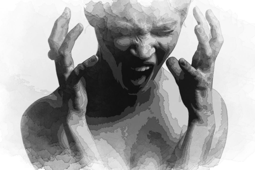 grayscale photography of woman opening her mouth while hanging her hands near her face