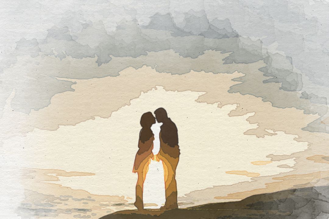 silhouette of man and woman about to kiss
