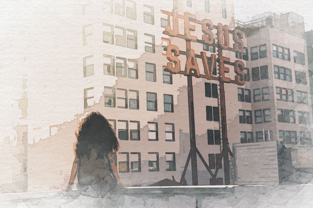 woman in gray top sitting on a building's edge