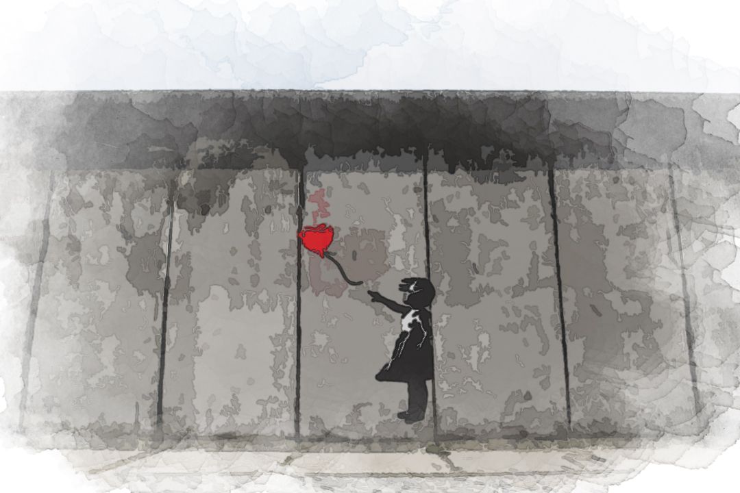 girl playing heart balloon wall artwork