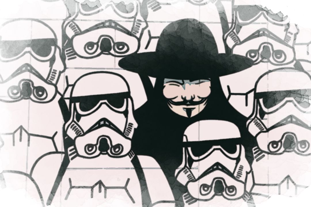 painting of Guy Fawkes and Star Wars Stormtroopers