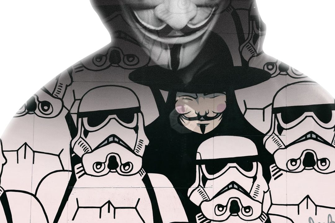 painting of Guy Fawkes and Star Wars Stormtroopers