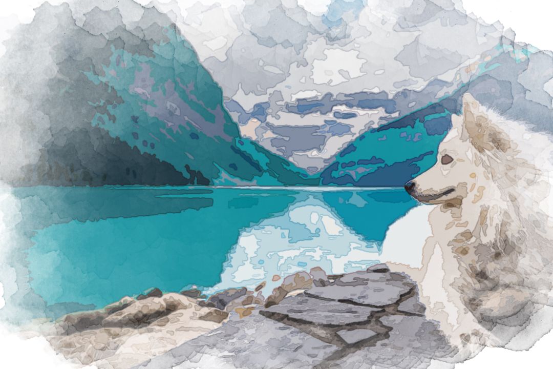 A white dog sitting on a rock formation near a large mountain pond.