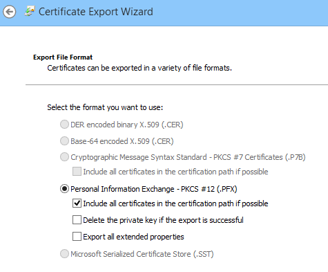 Export options for the PFX file