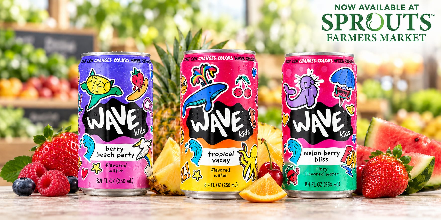 Wave Kids makes its retail debut nationwide at Sprouts Farmers Market with three new kids' beverages: Tropical Vacay™, Berry Beach Party™ and Melon Berry Bliss™. Wave Kids makes its retail debut nationwide at Sprouts Farmers Market with three new kids' beverages: Tropical Vacay™, Berry Beach Party™ and Melon Berry Bliss™.