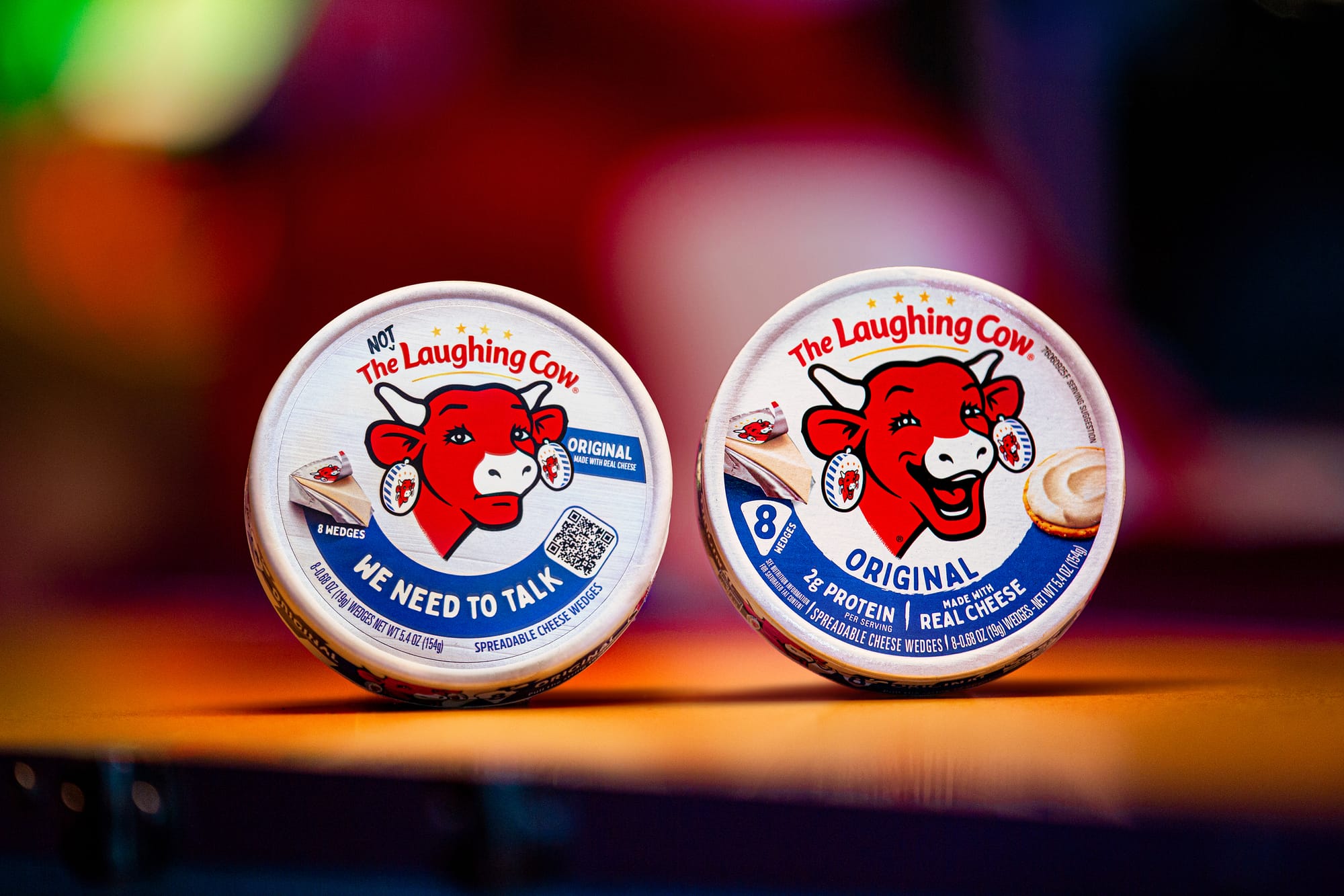 The Laughing Cow® original packaging alongside The Not Laughing Cow, which appears on select packages of The Laughing Cow® Creamy Original cheese wedges nationwide. The Laughing Cow® original packaging alongside The Not Laughing Cow, which appears on select packages of The Laughing Cow® Creamy Original cheese wedges nationwide.