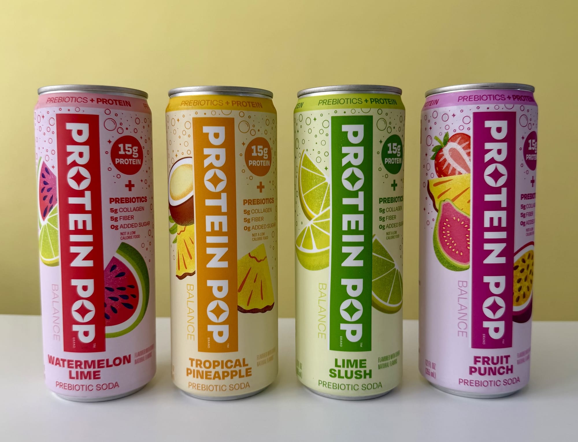 Protein Pop Balance—15 G of Protein and 5 G of Fiber. Available in Lime Slush, Tropical Pineapple, Watermelon Lime, and Fruit Punch.