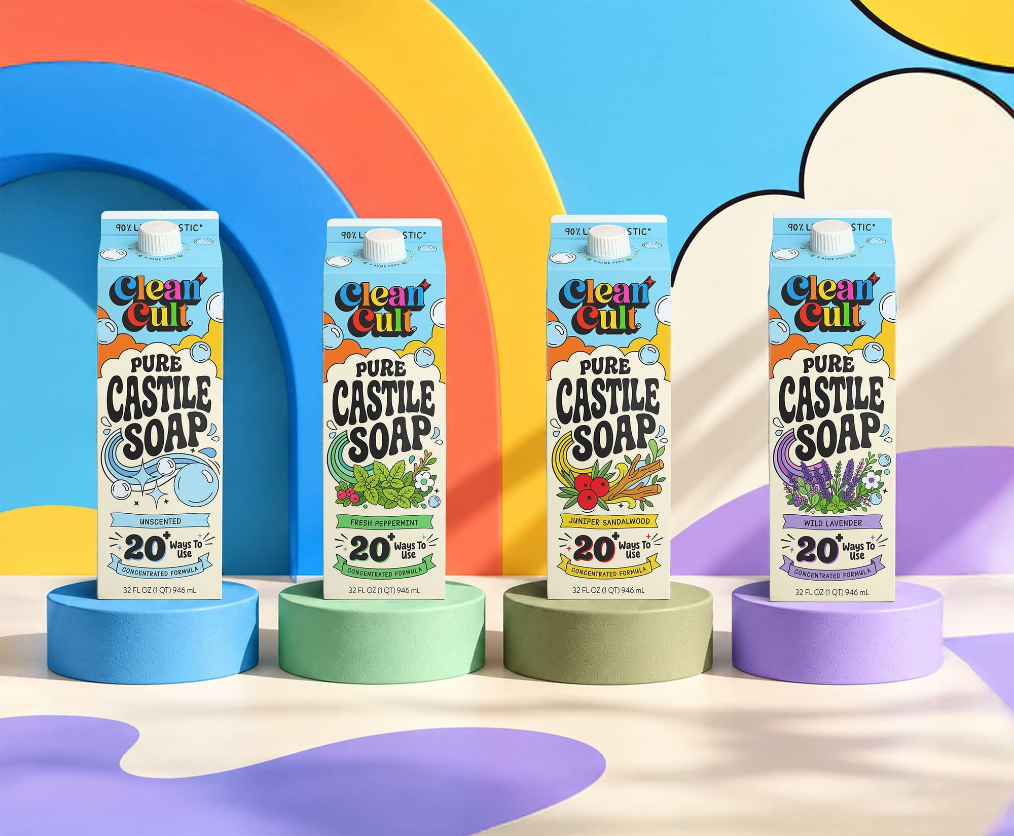Clean Cult launches its new colorful 32 oz Pure Castile Soap collection in four varieties: Unscented, Fresh Peppermint, Juniper Sandalwood, and Wild Lavender.