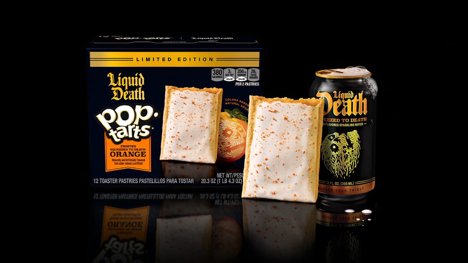 The limited-time Pop-Tarts Liquid Death Squeezed to Death Frosted Orange toaster pastry serves up bright citrus filling, a golden-orange crust and orange sprinkles, with full permission to have a baaaaad morning