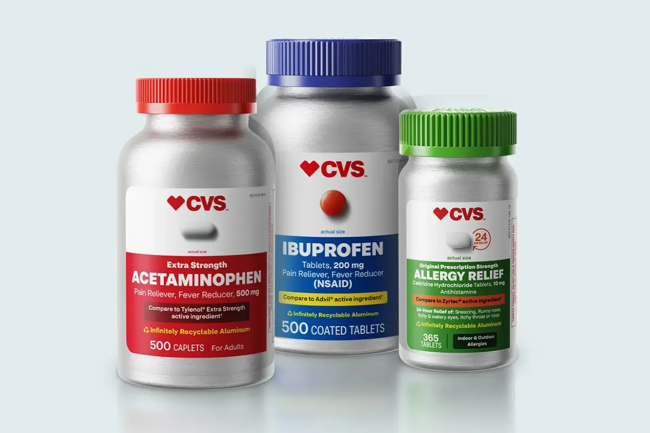 CVS Pharmacy debuts aluminum bottles for O-T-C store brand products