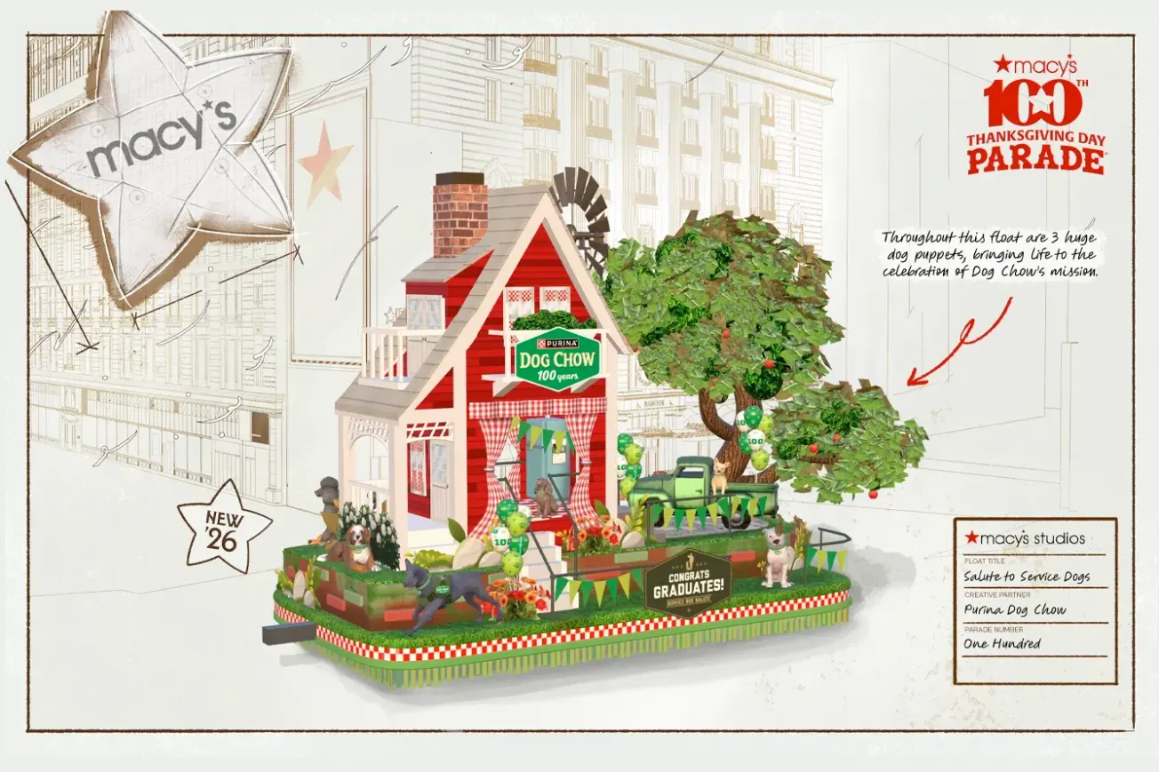 Purina Dog Chow marks its centennial with Macy’s parade float, service dog campaign