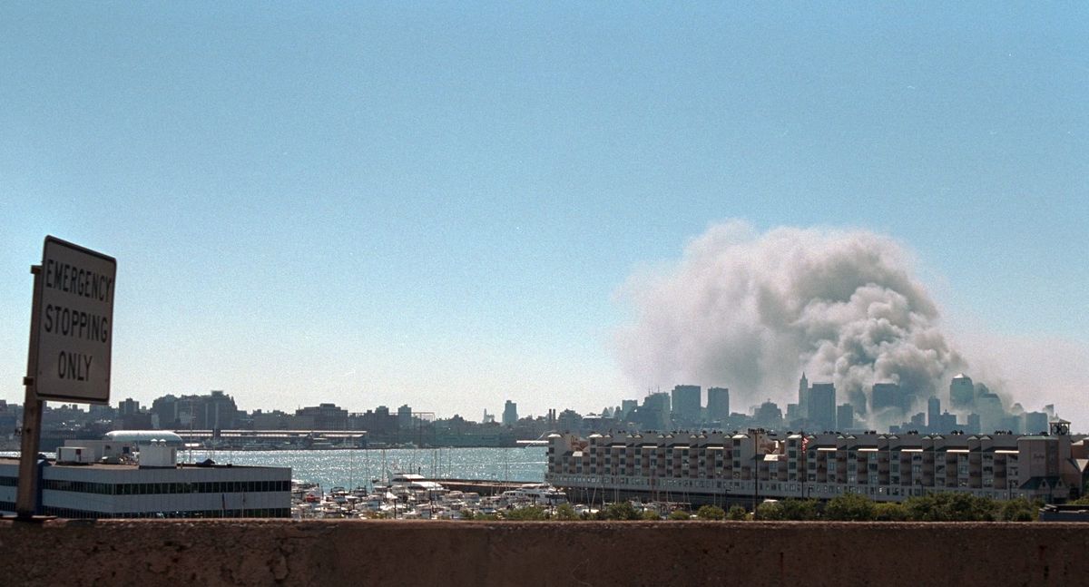 Smoke rising from lower Manhattan on 9/11/2001.
