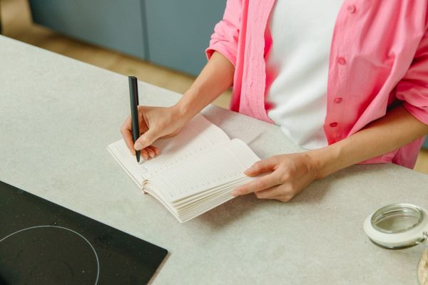 Person in a pink shirt writing a list in an open notebook at a kitchen counter