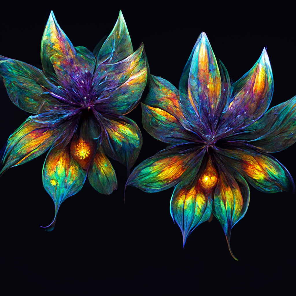 A pair of brightly colored, star-shaped flowers with an almost painterly texture on a black background.