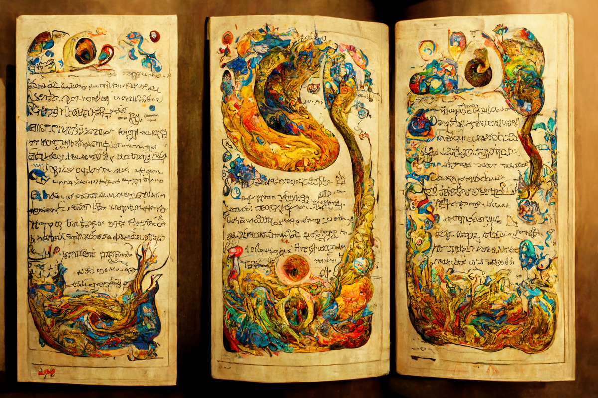 Three tall, unconnected pages have spidery nonsense text surrounded by vivid, abstract illustrations.