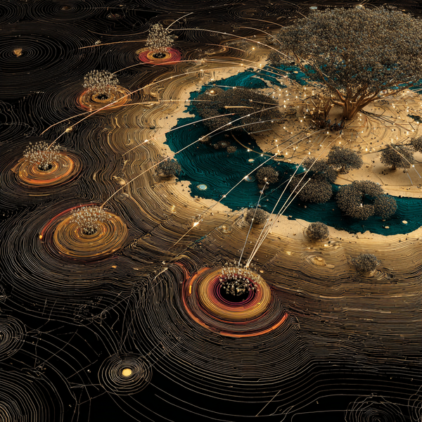 AI data centre towers rising above a map of the world, with smaller nations connected by thin data cables, symbolising technological dependency, intellectual magazine style illustration.