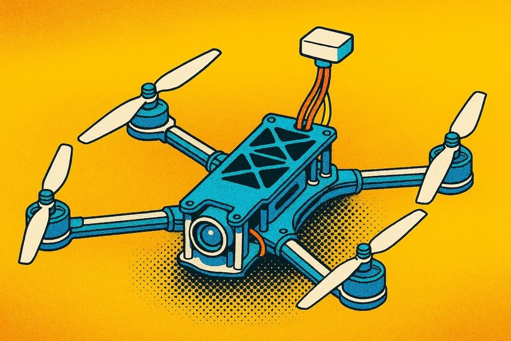 Four-propeller FPV drone with camera and GPS module