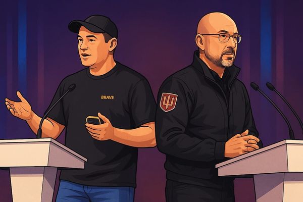 First Deputy Prime Minister and Minister of Digital Transformation Mykhailo Fedorov (left) and Prime Minister Denys Shmyhal (right) present new Brave1 grant programs in Kyiv