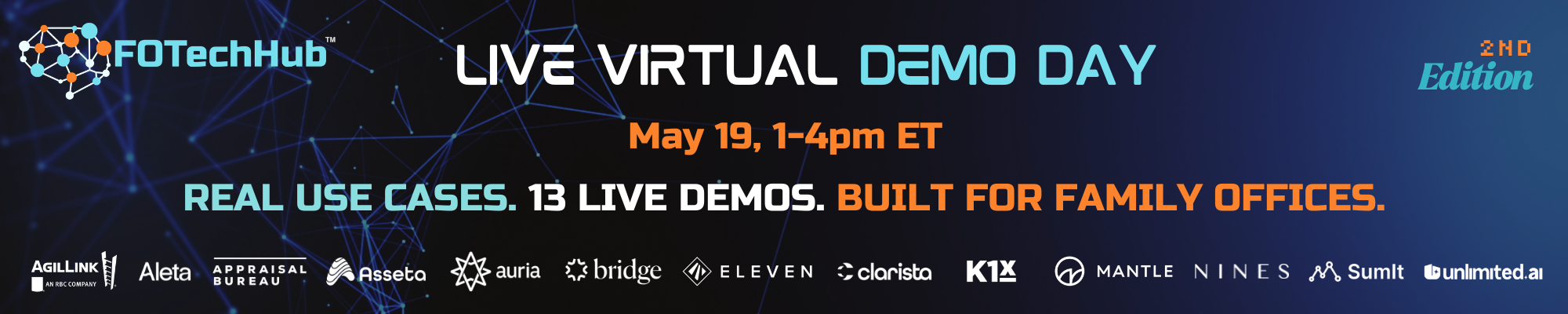 A banner ad for FOTechHub's virtual demo day for family offices on May 19, 2026.