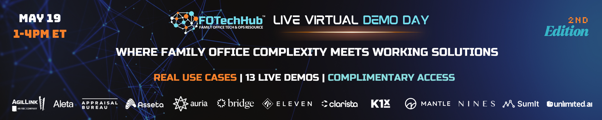 A banner ad for FOTechHub's virtual demo day for family offices on May 19, 2026