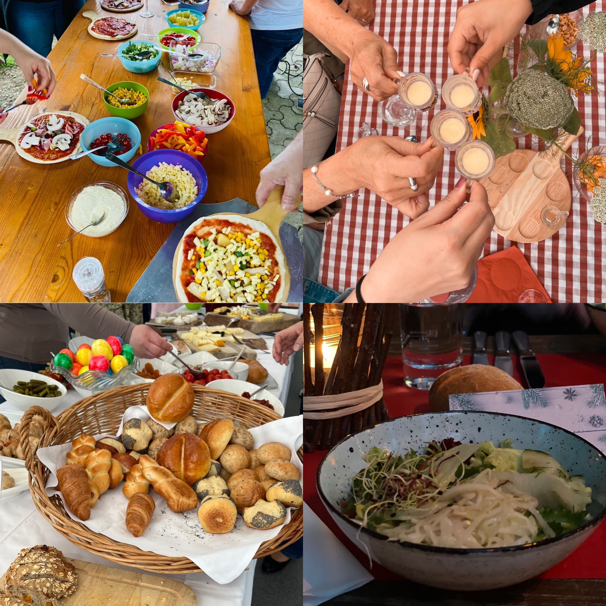 Collage von verschiedenen Teamevents: Pizzaplausch, Teamausflug, Brunch, Weihnachtsessen