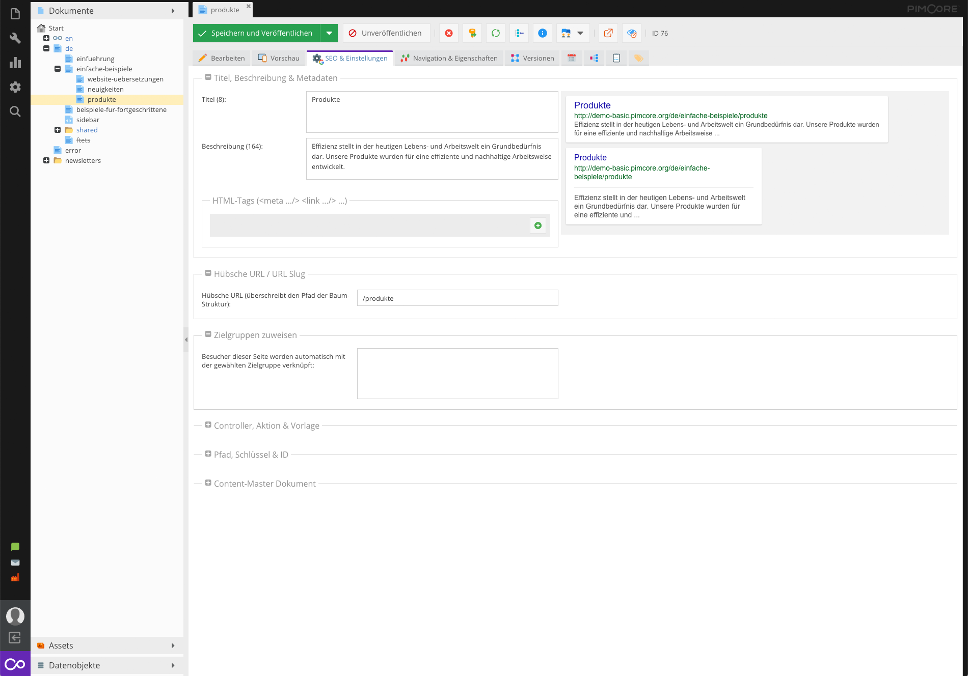 Titel, Beschreibung & Metdaten im Pimcore-Backend