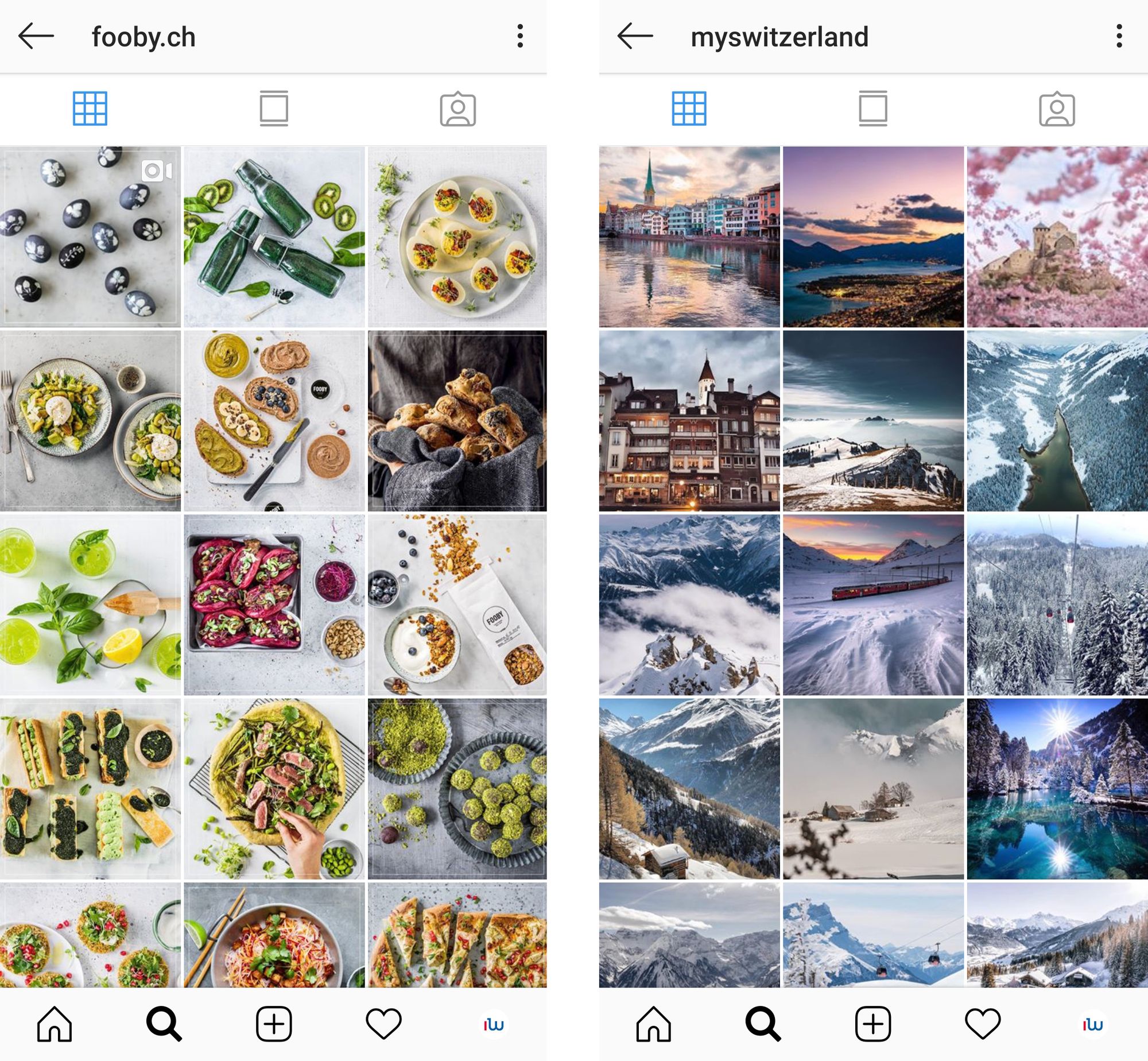 Instagram-Screenshots der Profile fooby.ch und myswitzerland