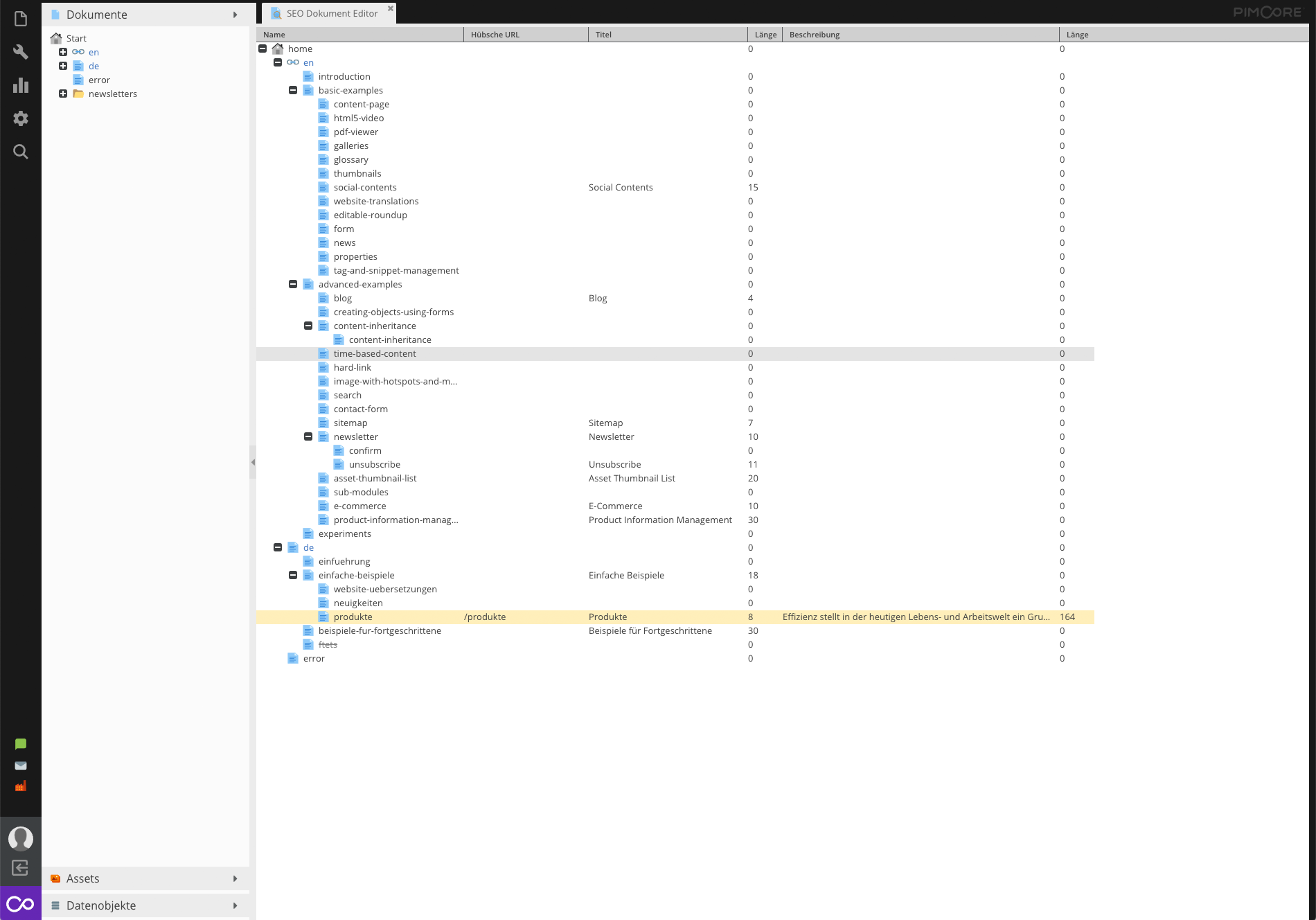 SEO-Dokument-Editor im Pimcore-Backend