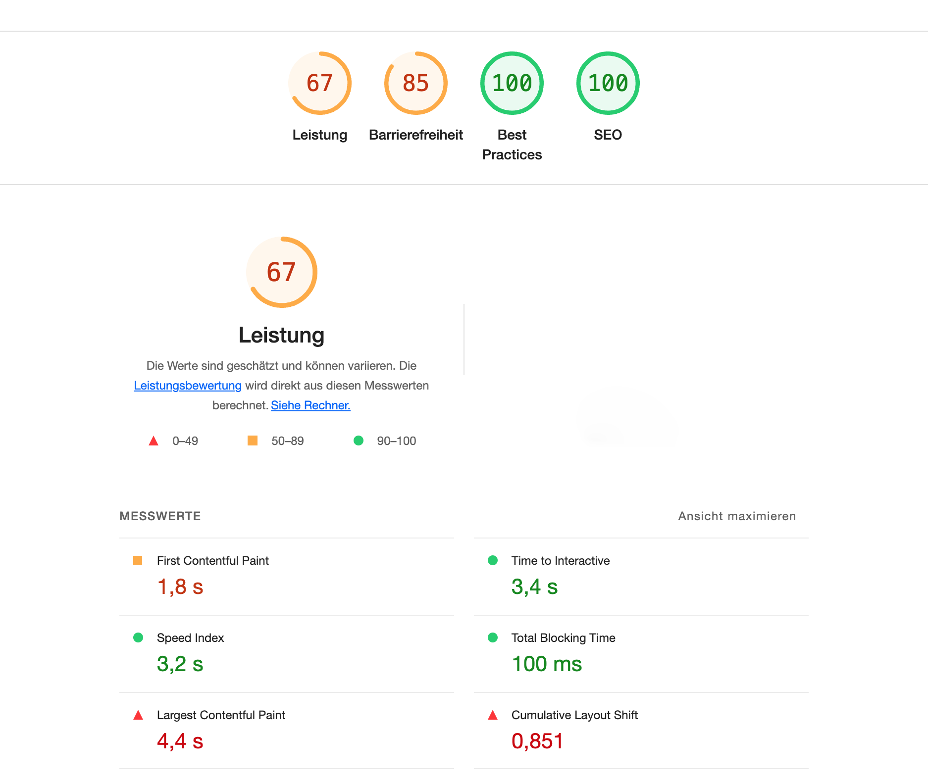 Auszug Google Lighthouse Report