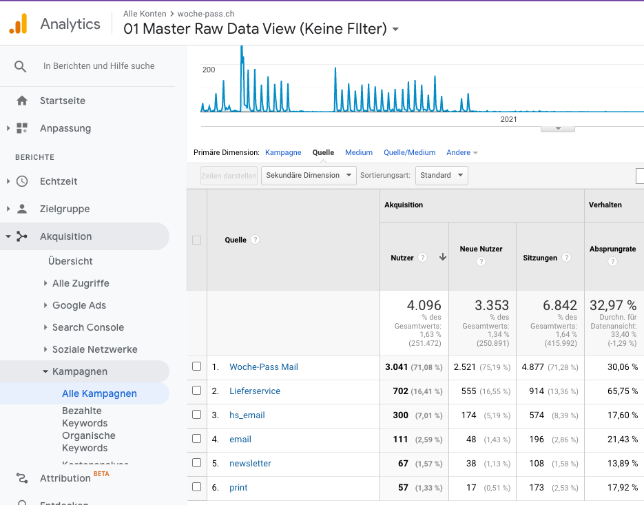 Auszug Google Analytics