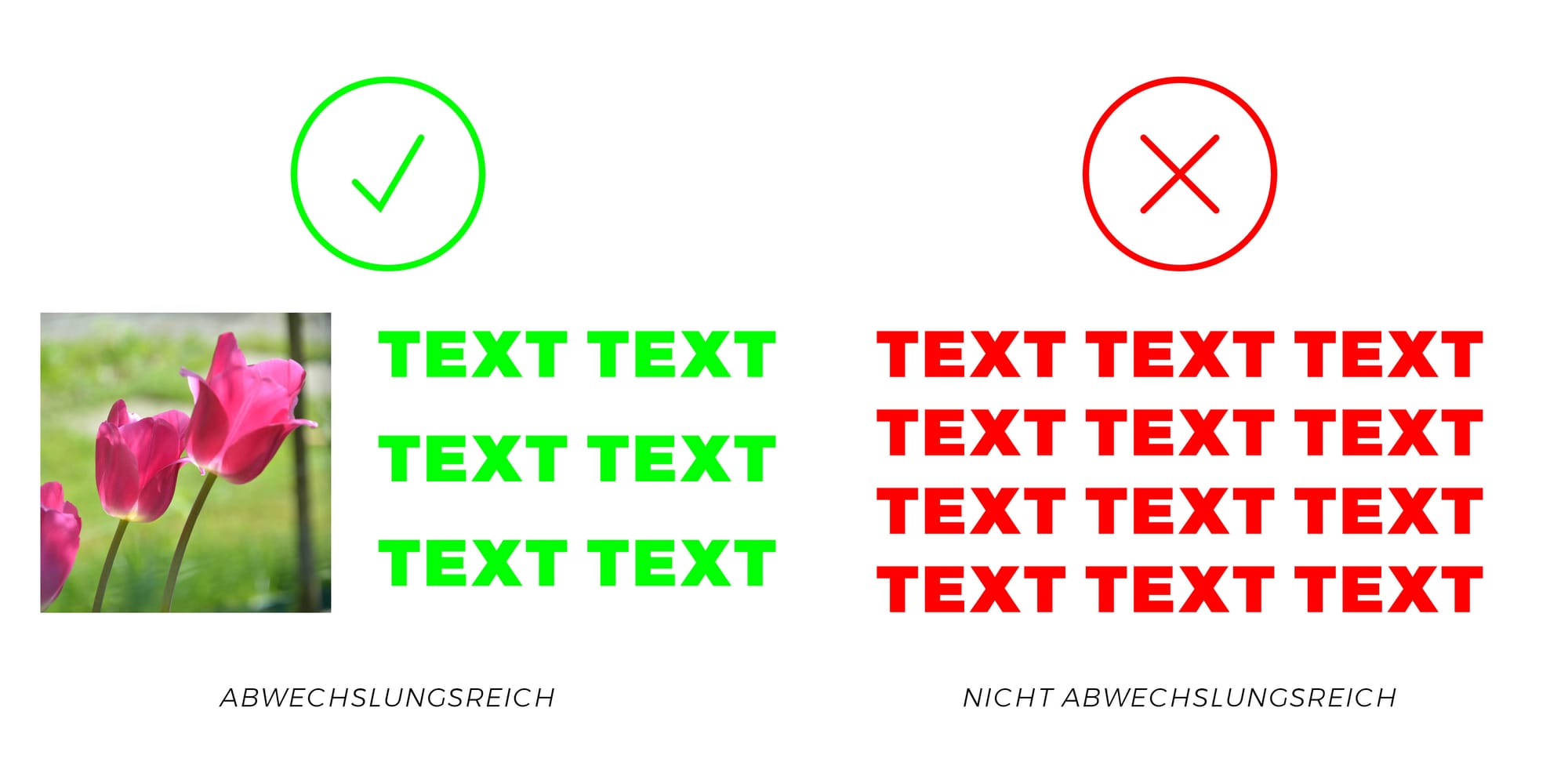 Beispiel abwechslungsreicher vs. nicht abwechslungsreicher Webseiten-Text