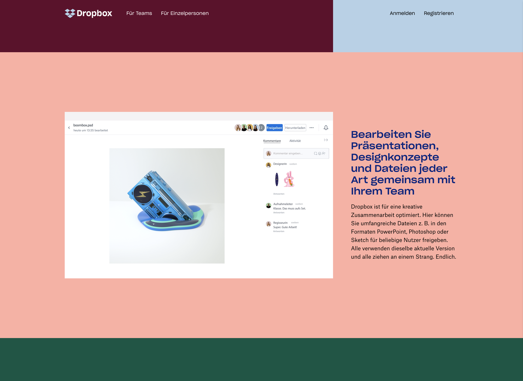 Beispiel Webseite Dropbox grelles Farbschema