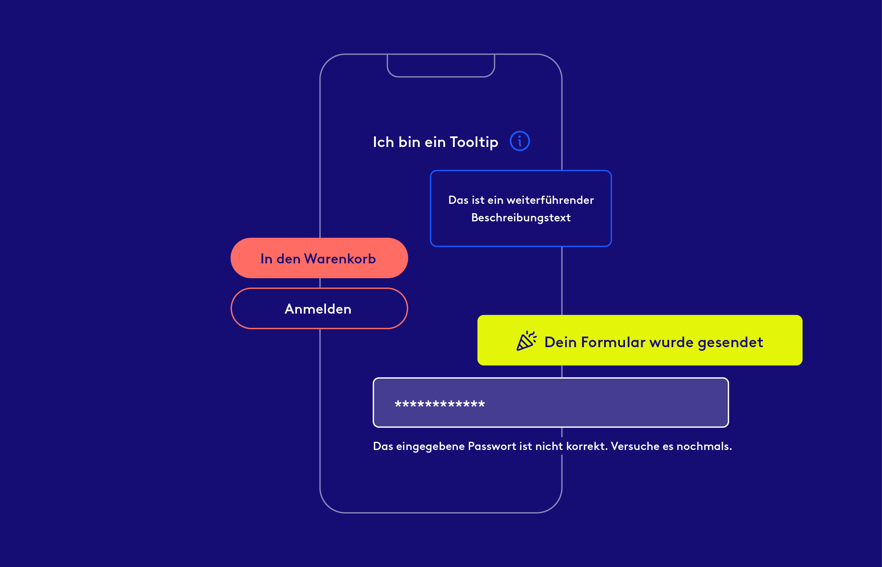 UI-Elemente mit Microcopy-Beispielen wie Tooltip, Buttons, Fehlermeldung und Bestätigungstext.