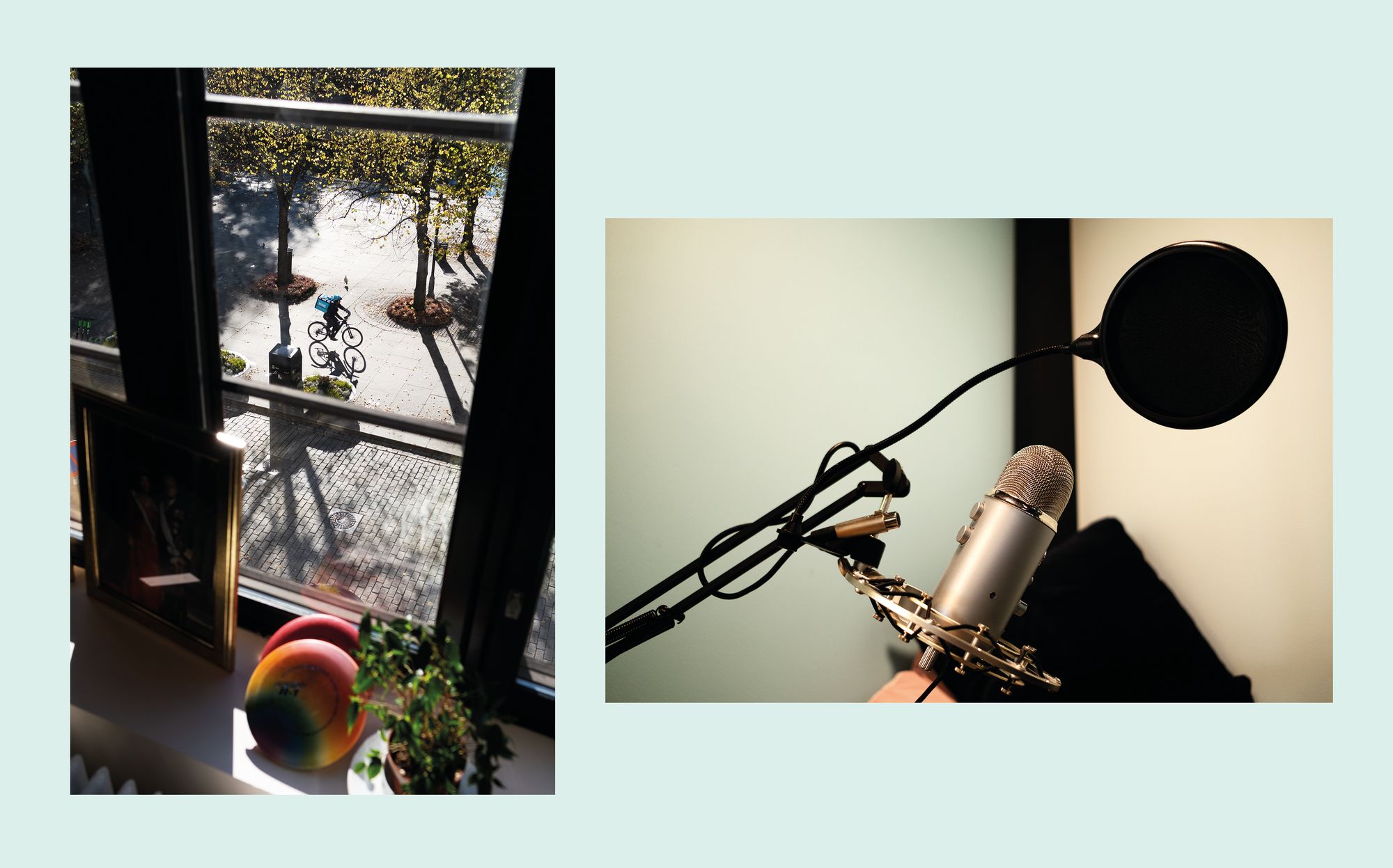 Fotografi som utsikt ned på Karl Johan fra Fikens kontor, og et annet fotografi som viser bilde av en mikrofon på ett av webinar-kontorene.