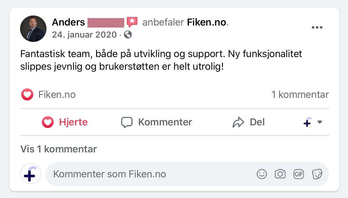 Screen shot av tilbakemelding fra en fornøyd Fiken-bruker