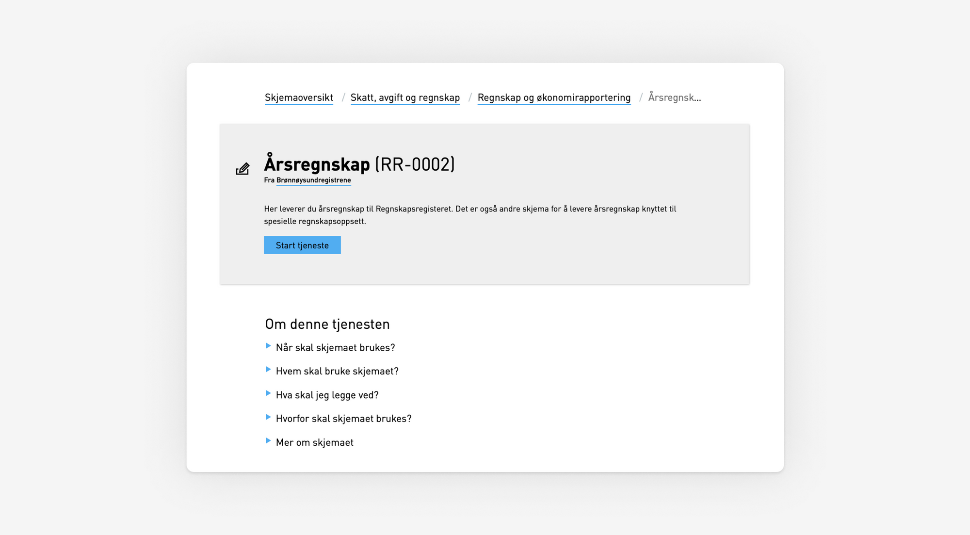 Skjermbilde som viser skjema for manuell innlevering av årsregnskap hos Altinn