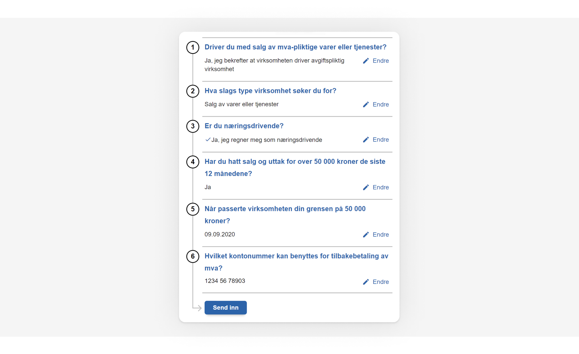 Skjermbilde som viser spørsmålene som stilles ved mva-registrering hos Skatteetaten