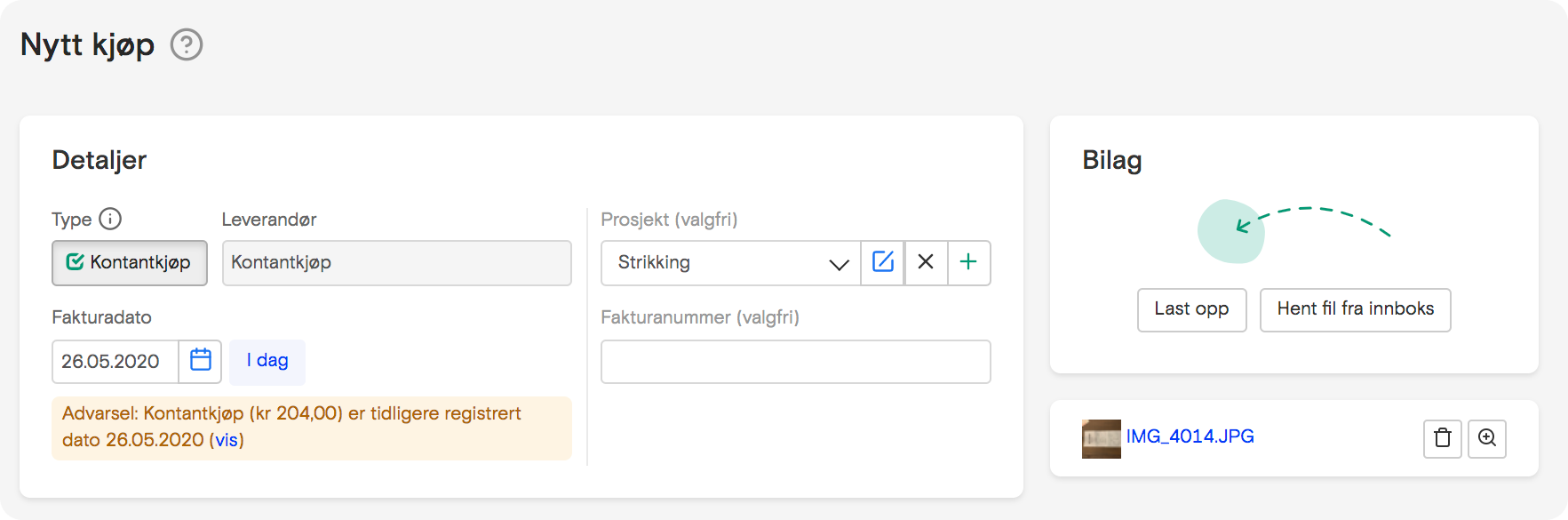 Skjermbilde som viser advarsel i Fiken