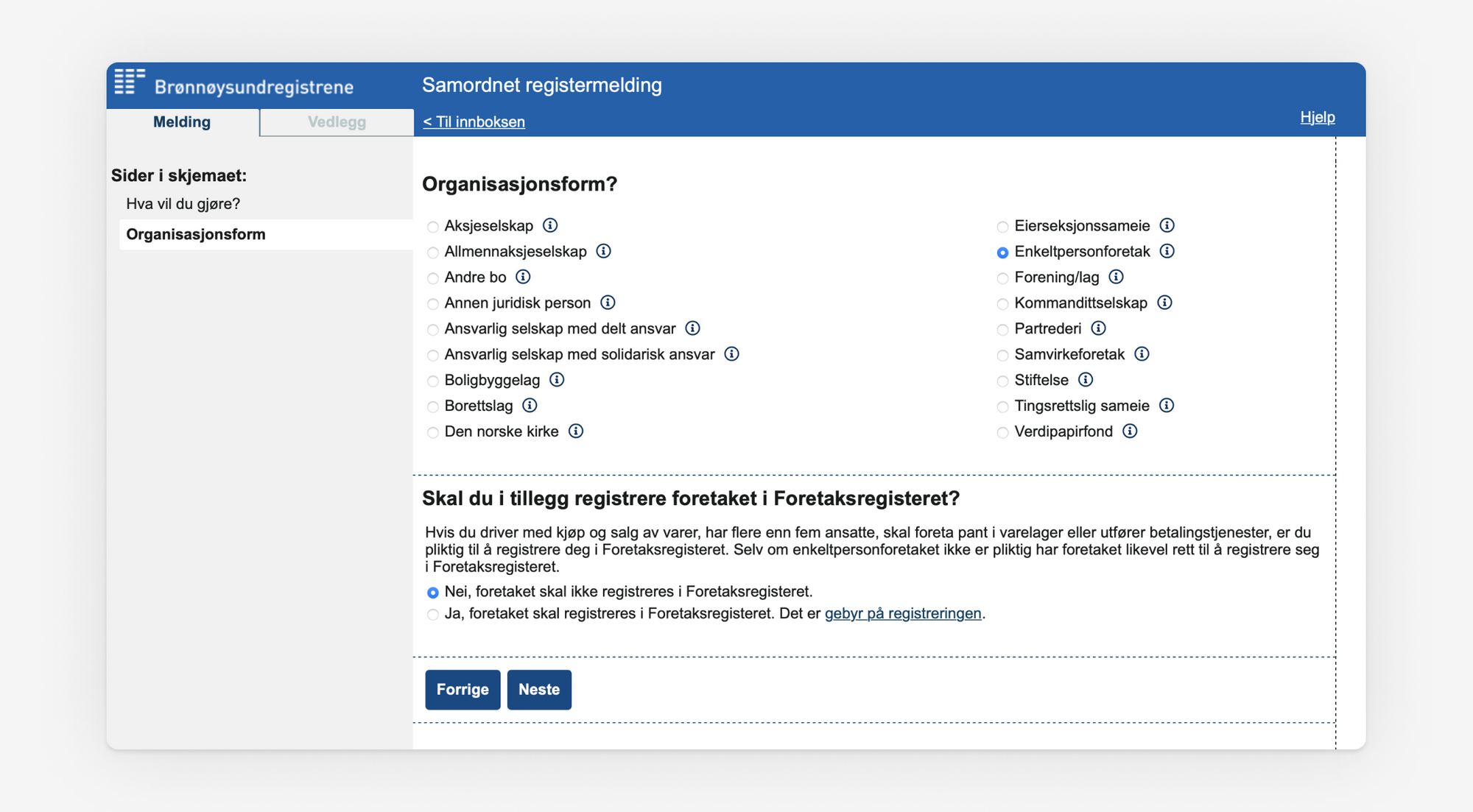 Skjermbilde som viser valg av organisasjonsform i Samordnet registermelding.