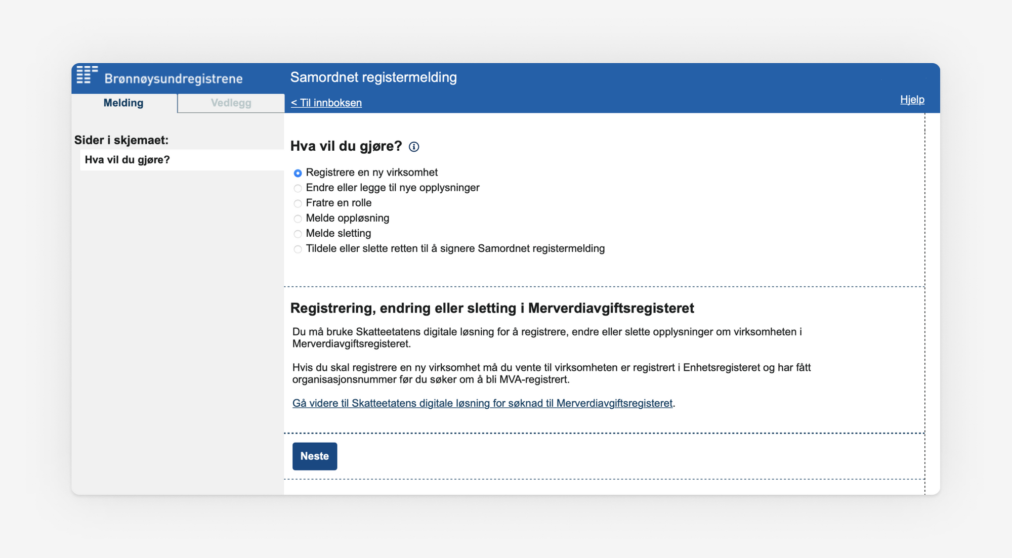 Skjermbilde som viser første steg i Samordet registermelding