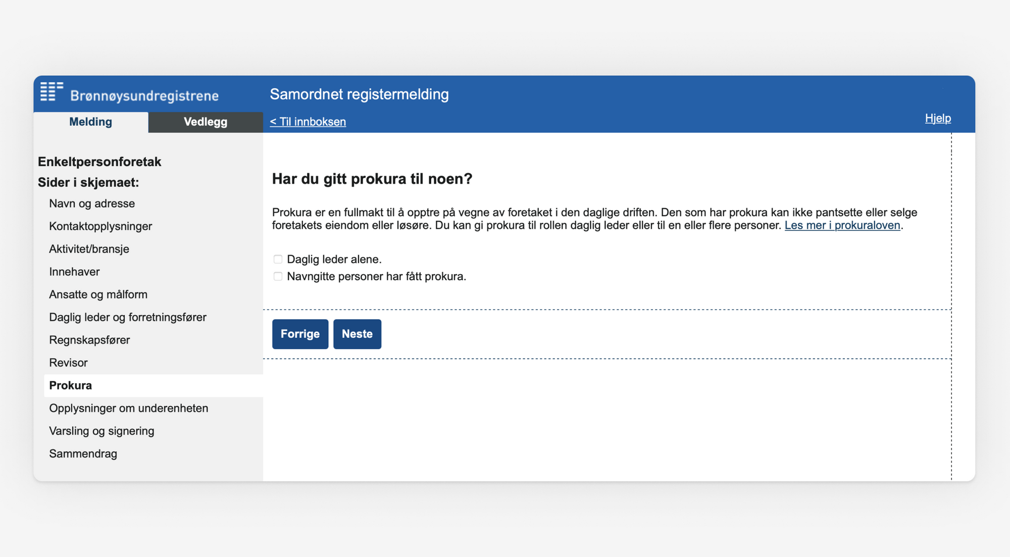 Skjermbilde som viser punkt om prokura i Samordnet registermelding