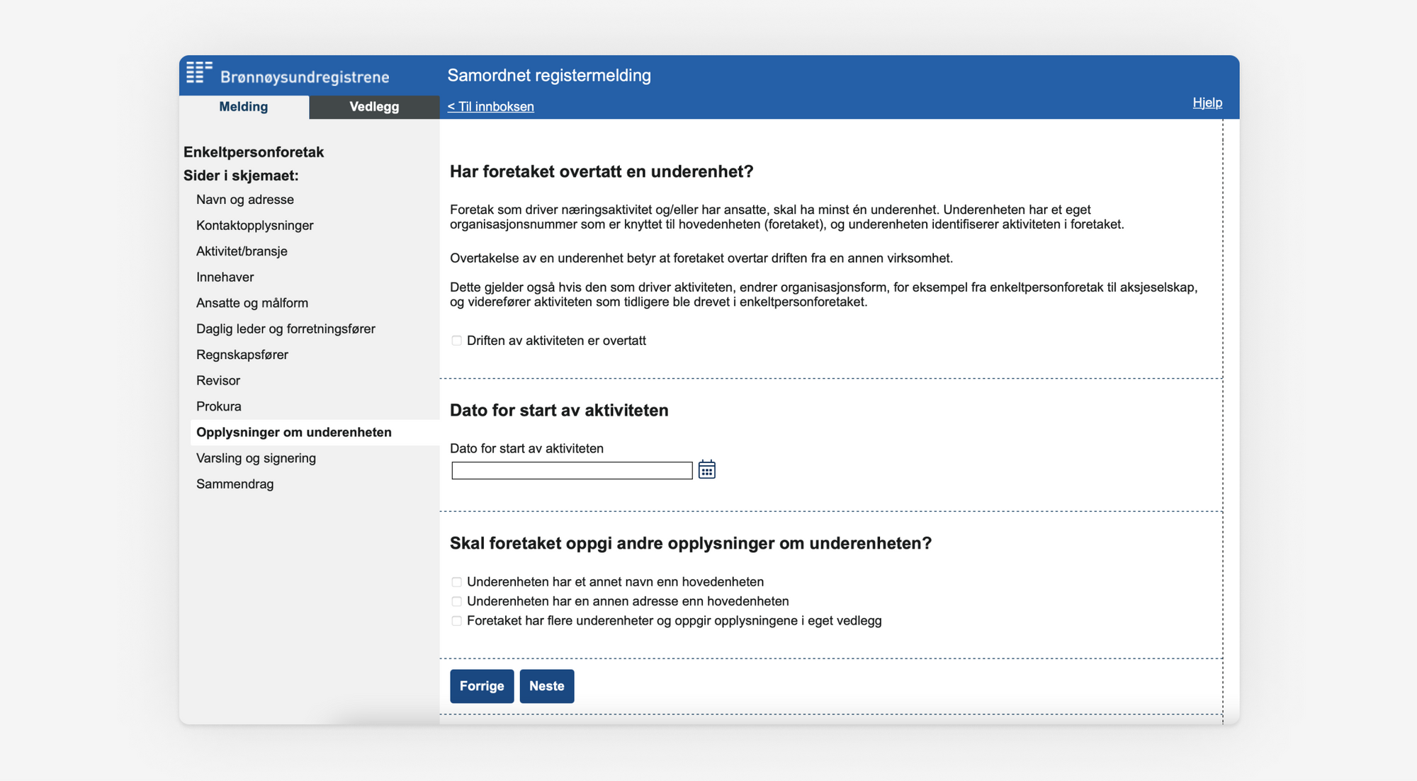 Skjermbilde som viser punktet om Informasjon om underenhet i Samordnet registermelding