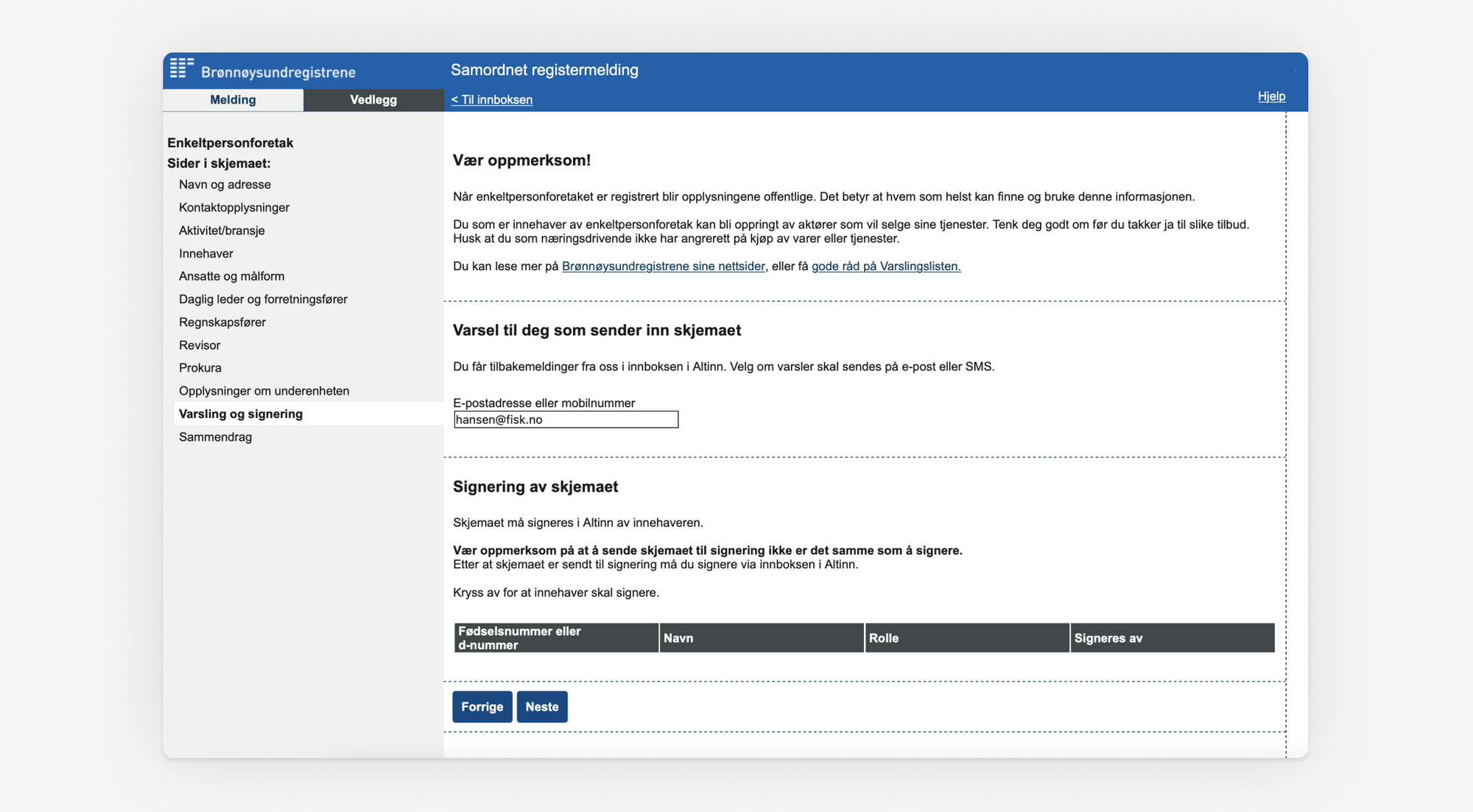 Skjermbilde som viser punktet om varsling og signering