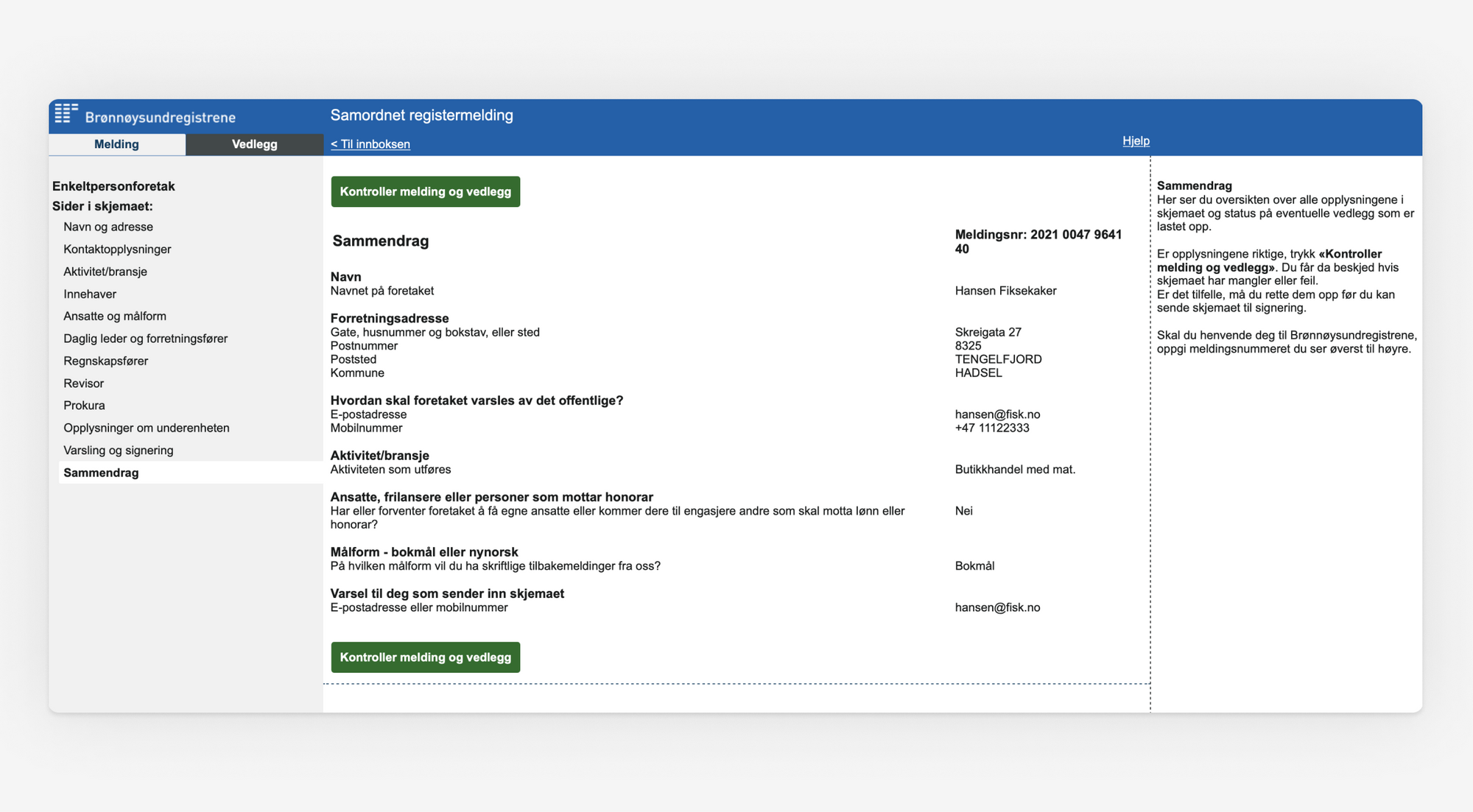 Skjermbilde som viser oppsummering og kontroll av Samordnet registermelding