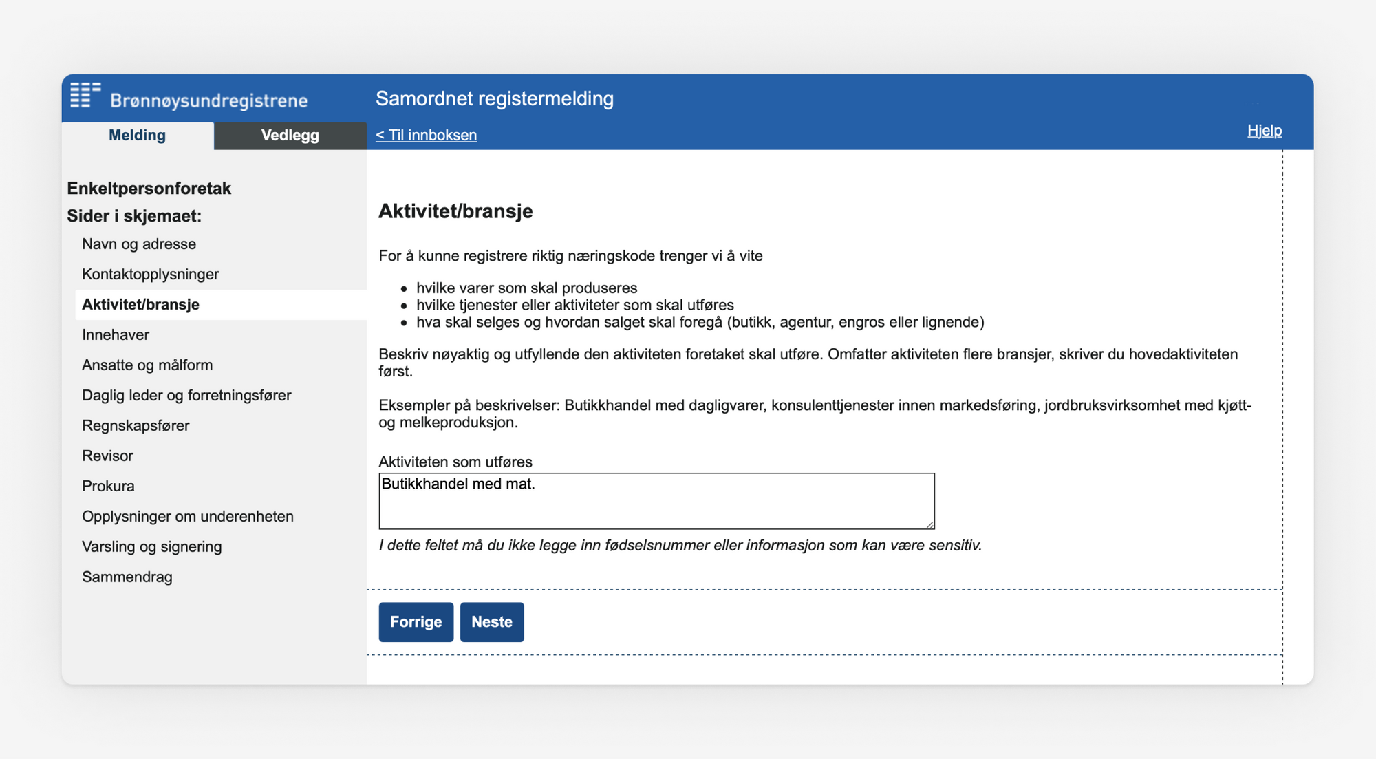 Skjermbilde som viser valg av aktivet/bransje i Samordnet registermelding