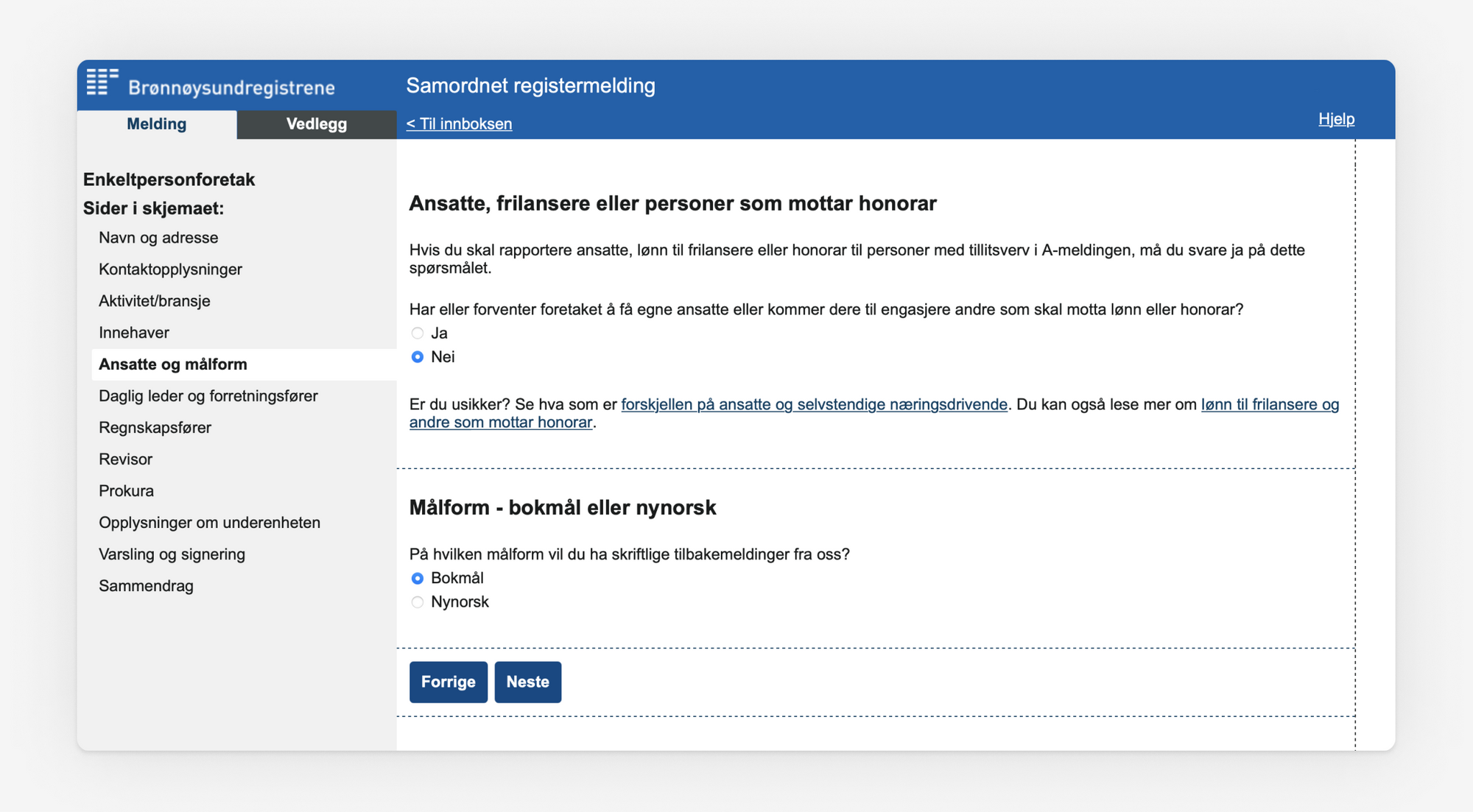 Skjermbilde som viser punkt om ansatte og målform i Samordnet registermelding